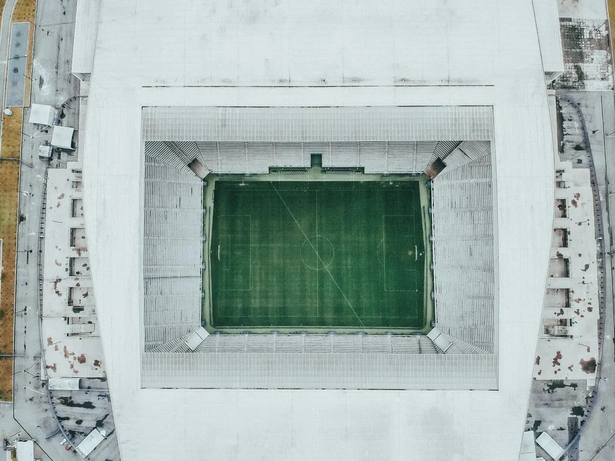 Overhead view of a football stadium and its pitch